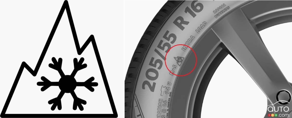 le sigle de La silhouette de montagne avec un flocon de neige en son centre, indiquant que le pneu est homologué pour l’hiver.