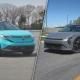 Kia EV4 2026 grise et Nissan Leaf 2027 turquoise face à face