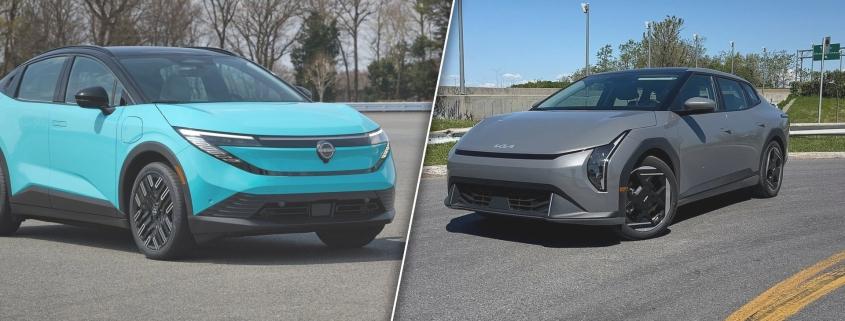 Kia EV4 2026 grise et Nissan Leaf 2027 turquoise face à face